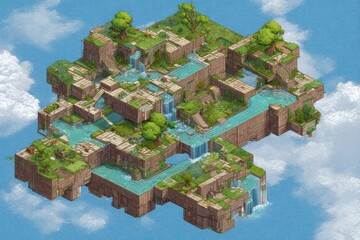 Detailed Multi-Layered Floating Island Game Map with Waterfalls and Lush Greenery