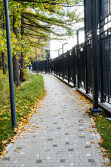 A serene pathway with vibrant autumn leaves and a black fence invites visitors to explore natures beauty. This tranquil landscape is ideal for leisurely walks, reconnecting with the outdoors