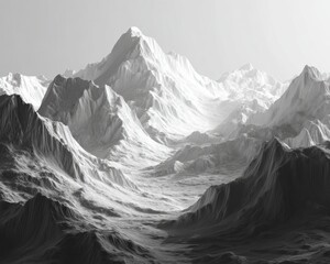 Majestic Mountain Landscape with Dramatic Peaks and Serene Atmosphere in Monochrome Tones