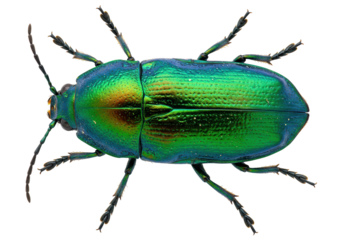 Vibrant green beetle isolated on a clean background, shiny insect with iridescent shell for biology studies