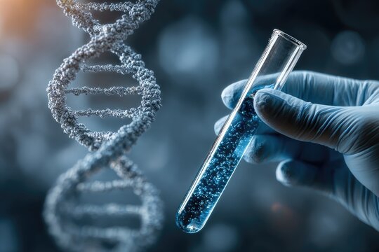 Hand in lab coat holding a test tube filled with blue liquid next to a DNA strand model