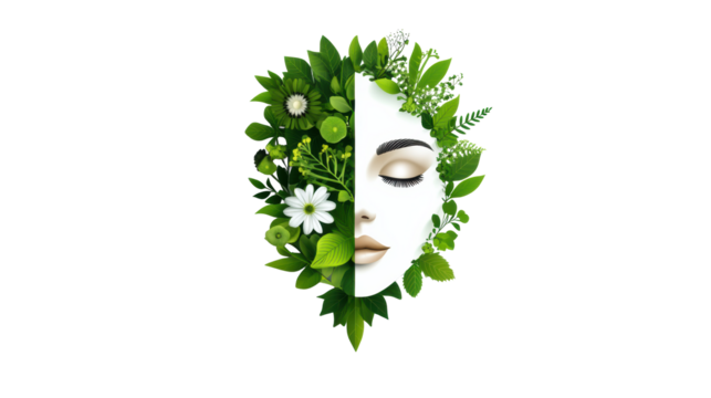 Female head with floral elements on transparent background