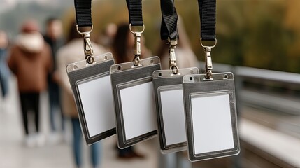 Lanyards with blank name tags hang in a bustling outdoor venue filled with attendees engaging in conversation on a sunny afternoon