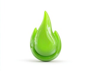 A glossy, green, stylized flame icon isolated on a white background. 3D rendering