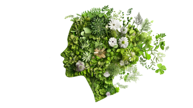 Female head silhouette with green foliage and flowers