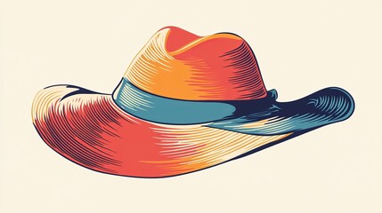 Colorful front-facing illustration of a women’s beach hat with logo, part of a collection.
