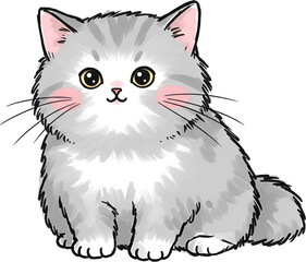 Cute Fluffy Gray Cat Character PNG Illustration