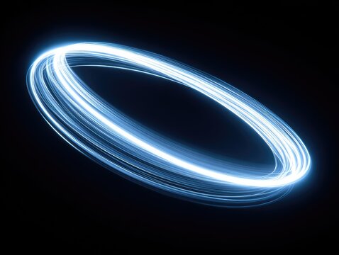Bright blue light trails create a glowing, orbiting ring against a dark, black background