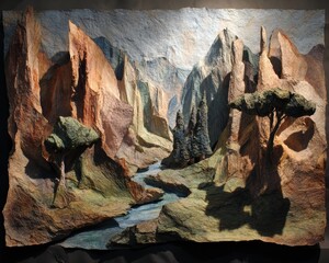 Serene Mountainous Landscape with River Flowing Through Dramatic Rock Formations and Trees