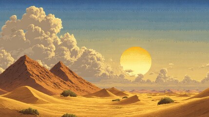 Vast Desert Landscape with Dramatic Clouds and Setting Sun in Beautiful Art Style
