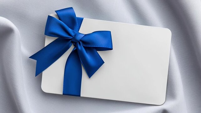 Premium gift card mockup: blank card and bow on a neutral surface; subtle depth, refined highlights and generous copy space; ideal loop for retail branding, offers and discounts