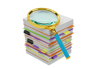Magnifying glass on stack of documents isolated, business paperwork and search concept