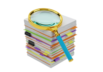 Magnifying glass on stack of documents isolated, business paperwork and search concept