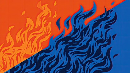 Abstract composition of fire-like shapes split diagonally with orange and blue hues