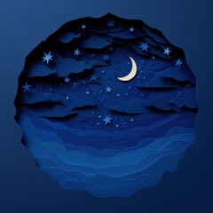 Multi-Layered Cut-Out Night Sky with Stars and Moon in Blue Tones