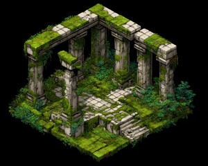 Ancient Stone Temple Ruins Surrounded by Lush Greenery and Overgrown Vegetation