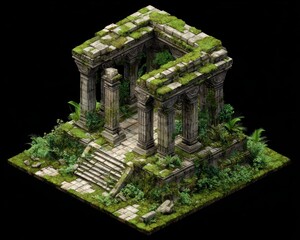 Ancient Stone Temple Ruins Overgrown with Lush Greenery and Intricate Architectural Details