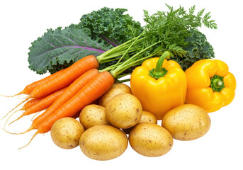 Fresh vegetables isolated on transparent background, carrots, potatoes, peppers and kale
