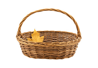 Wicker basket with yellow maple leaf isolated on transparent background, autumn harvest PNG