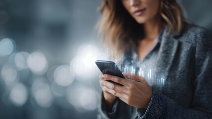 Young woman uses smartphone displaying futuristic holographic data charts