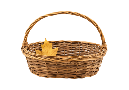 Wicker basket with yellow maple leaf isolated on transparent background, autumn harvest PNG