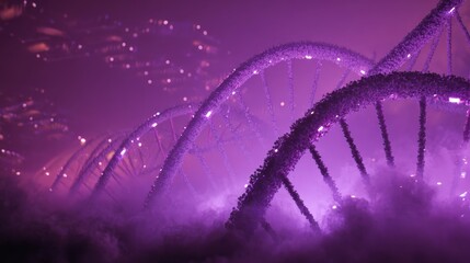 Colossal Glowing Crystal DNA Double Helix Rendered in Purple Fog with Sparkling Background