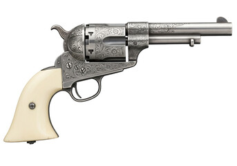 Engraved single-action revolver isolated on transparent background, antique firearm with ivory grip
