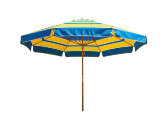 Blue and yellow striped beach umbrella isolated, sun protection equipment for summer vacation