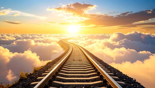 Railway Tracks Leading Into Sunset Sky Above Clouds