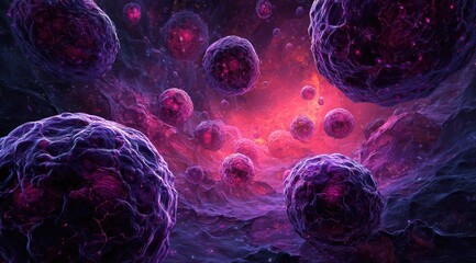 Cosmic nebula with purple orbs emitting light, creating a vivid, otherworldly space