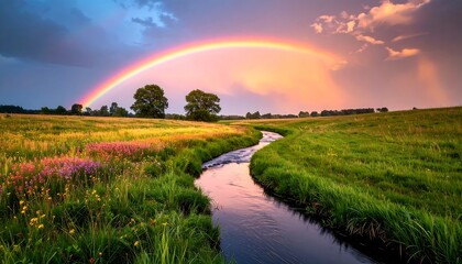 Obraz premium Rainbow Over Stream in Meadow at Sunset with Colorful Sky