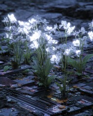 Glowing White Plants Emerge from Circuitry in a Mystical Field of Medicinal Flora