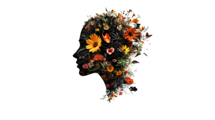 Floral Female Head Silhouette on Transparent Background