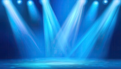 Bright blue stage spotlights illuminate a dark backdrop, creating a dramatic lighting effect