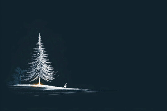 Winter night scene with glowing christmas tree and deer