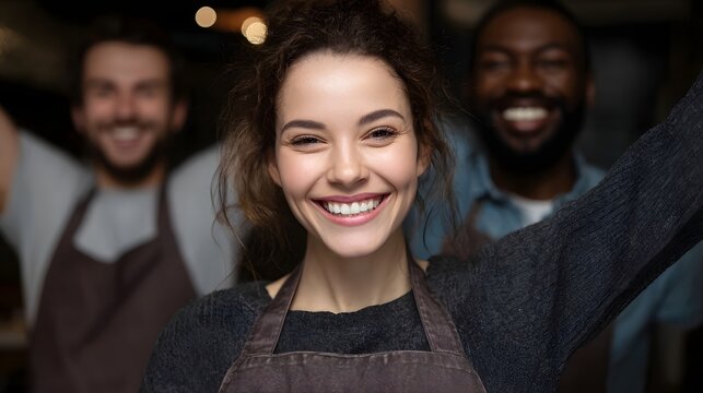 Joyful and welcoming cafe staff members in aprons smiling and interacting positively with customers in a warm inviting atmosphere