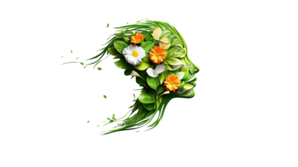 Female head with floral elements, green leaves on transparent