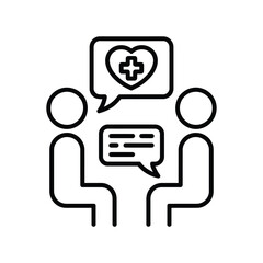 Two people discussing healthcare and well being with a heart and cross icon