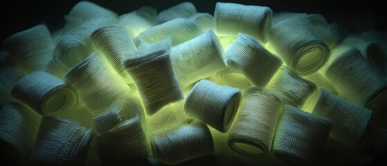 Array of Bandages Made of Fine Interwoven Glowing Fiber in an Artistic Arrangement