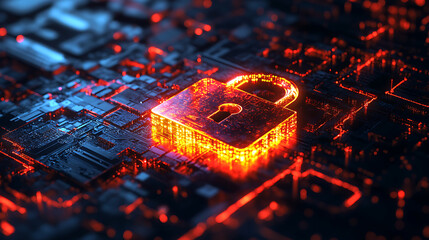 Glowing orange padlock icon on circuit board isolated on white background