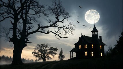 Halloween night background with a silhouette of a haunted house. full moon and spooky trees on an
