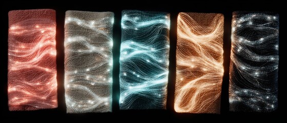 Array of Glowing Bandages Made from Fine Interwoven Fiber Displayed in Vibrant Colors