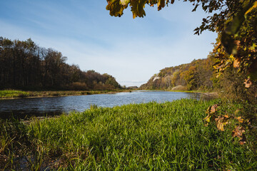 Serene River Landscape with Lush Greenery and Autumn Foliage