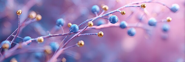 Fototapeta premium Delicate branches with blue and gold spheres against a soft, pastel purple and pink blurred background