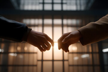 Two hands reaching out to connect against a warm, soft light  