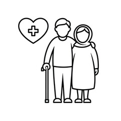 Elderly couple embracing with a heart and medical symbol