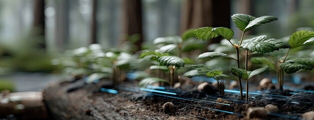 Naklejka premium Newly sprouted plants growing in a forest setting, showcasing green leaves and healthy soil with technology components in a sustainable environment