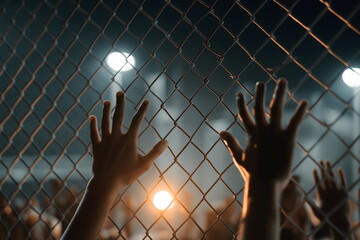 Hands reaching through a chain link fence at night with lights  