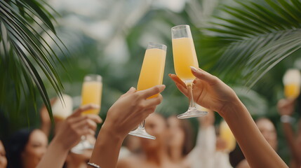 Friends toasting with champagne glasses in tropical outdoor setting  