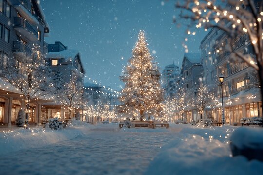 Giant Christmas tree surrounded by twinkling lights in snowy winter street market scene at dusk